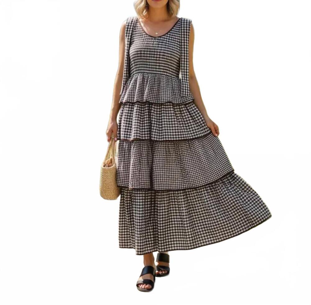 NEW ENTRO gingham tiered midi dress in brown white